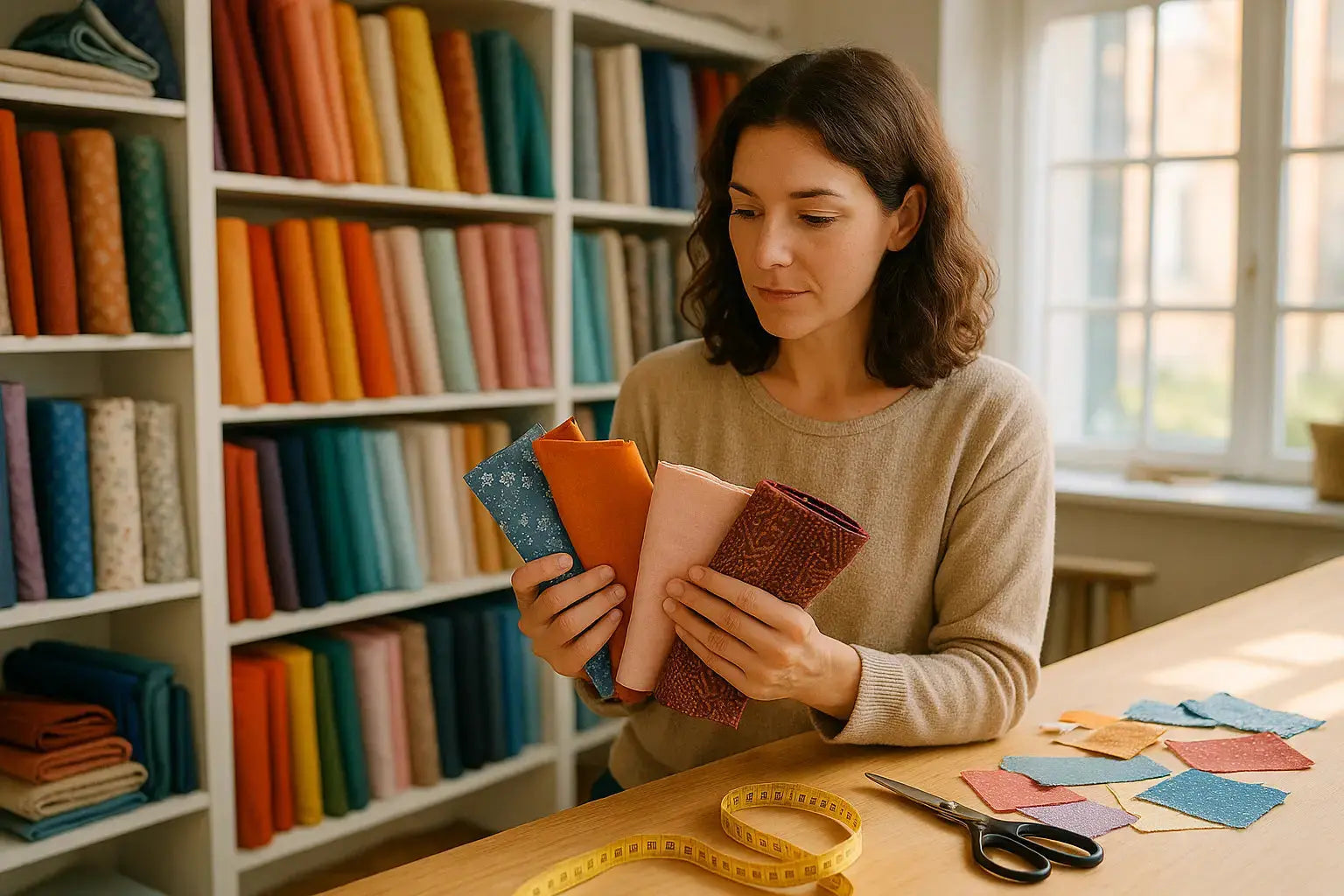 A lady choosing fabrics