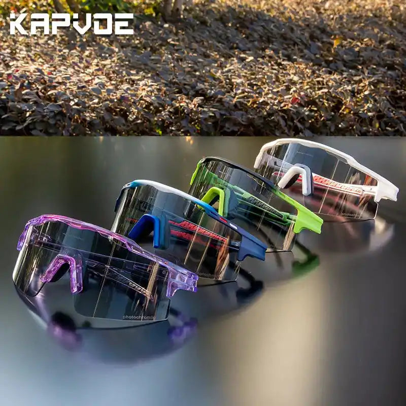 Photochromic Cycling Glasses for Stylish Protection in multiple colors with UV400 lenses, ideal for outdoor sports and cycling enthusiasts.