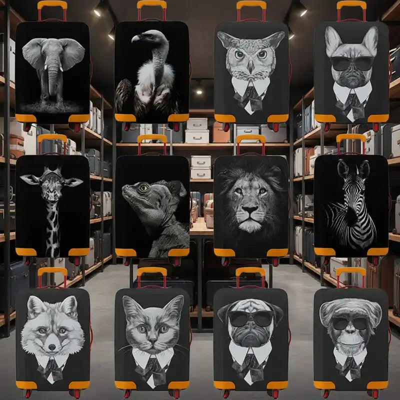 Thick elastic animal luggage protectors featuring black-and-white designs of animals in suits, including elephant, lion, and zebra. Stylish suitcase covers for 18–32 inch cases.