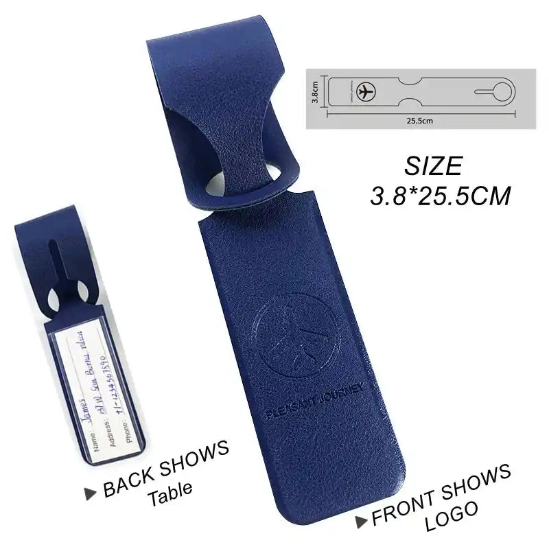 Blue PU leather luggage tag with front logo and back ID/address holder. Measures 3.8×25.5 cm, perfect for suitcase identification.