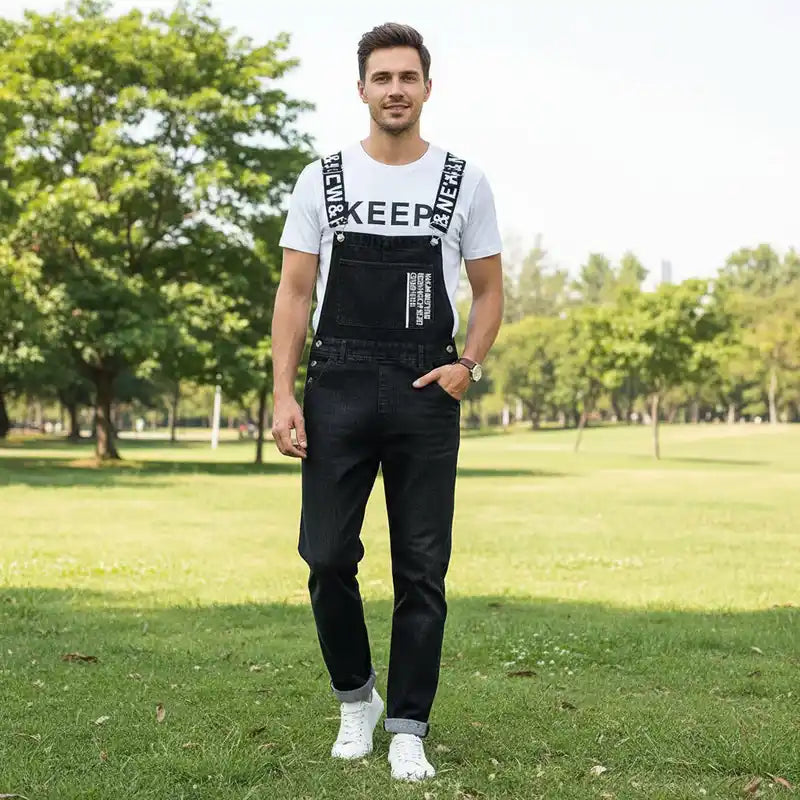 Men Denim Overalls | Black Bib Dungarees with Cargo Pockets Dropified
