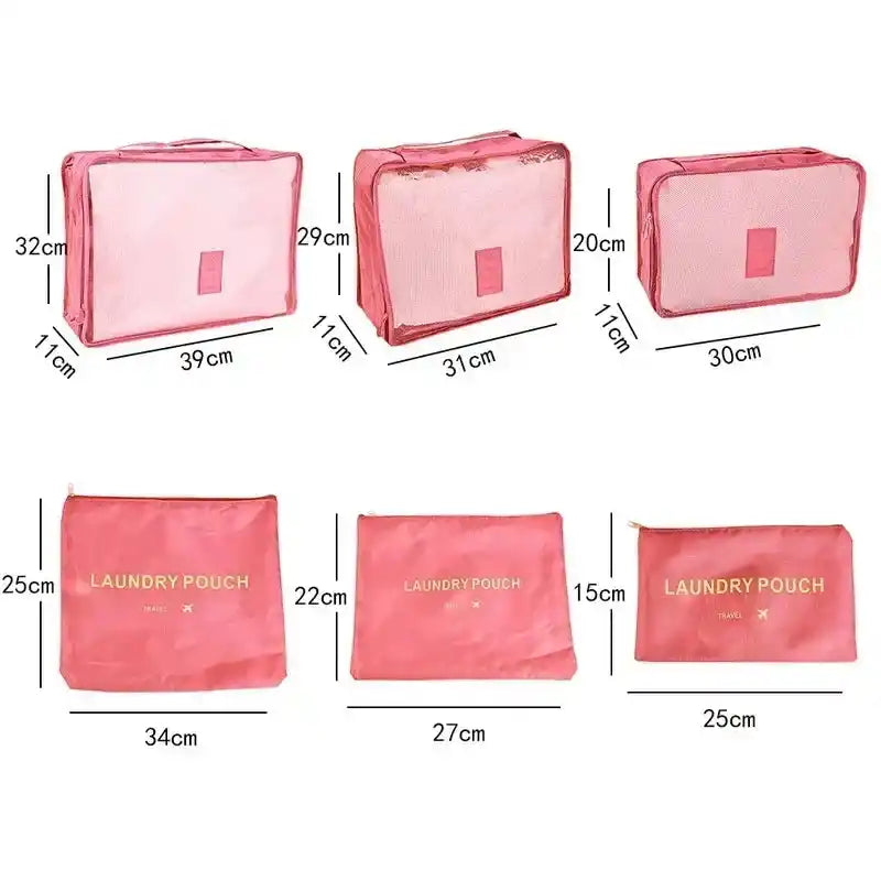 Dimensions of 6PC Travel Storage Set in pink Oxford fabric showing various pouch sizes for efficient luggage organization.