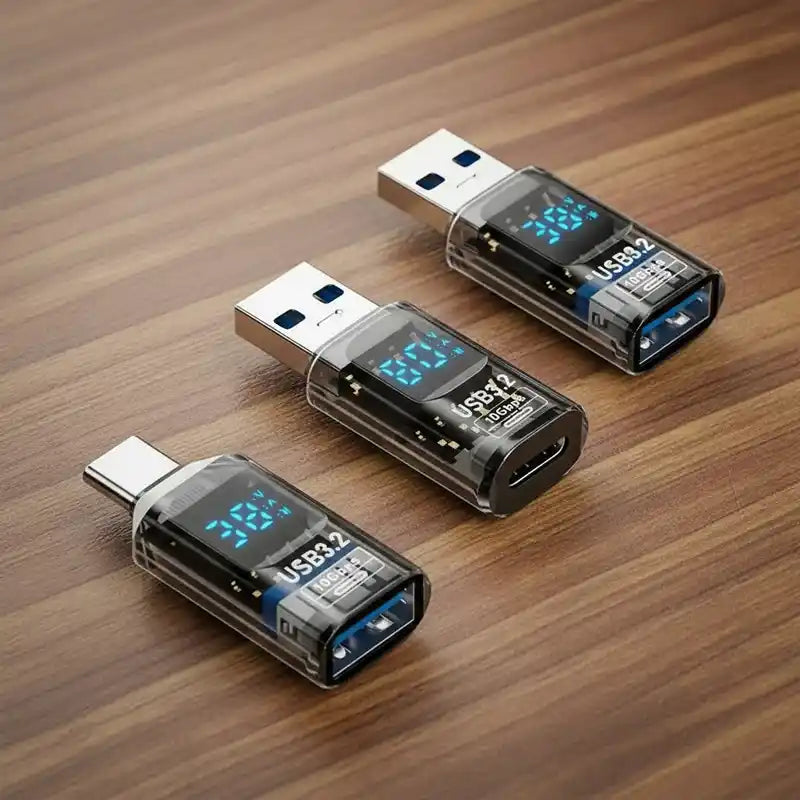 Set of three 36W USB-C digital display adaptors for charging and syncing, featuring USB 3.2 ports and transparent casing on wooden surface.