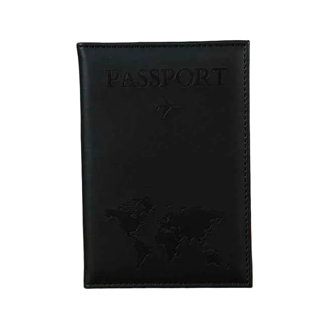 Black passport holder with world map design on a gray background