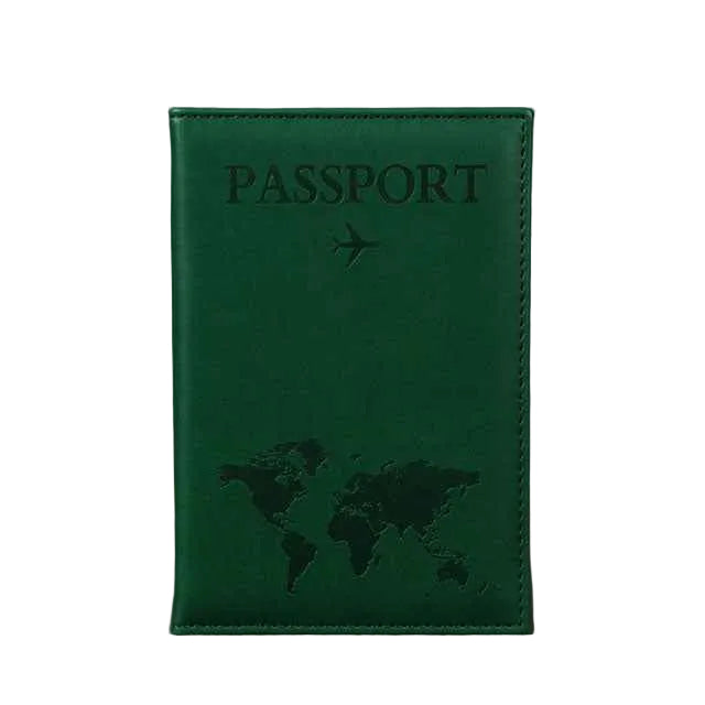 Green passport holder with world map design on a gray background