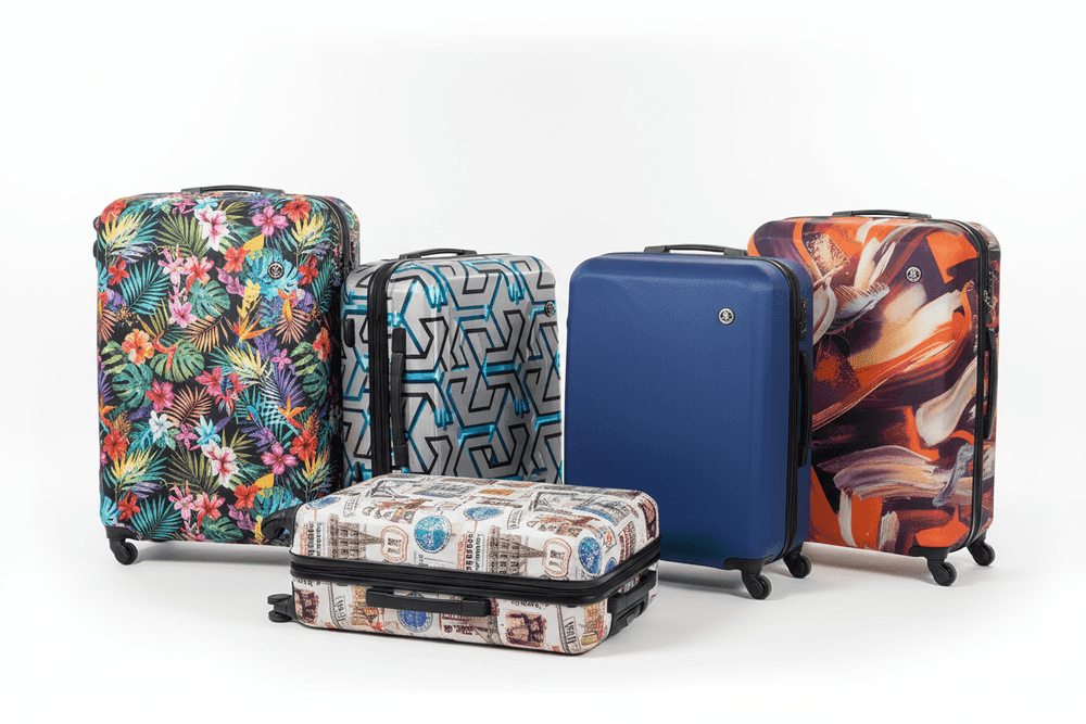 Luggage Cover Bundle-Save More | Luggage Covers Set featuring five stylish protective covers in floral, geometric, solid, abstract, and travel print designs.
