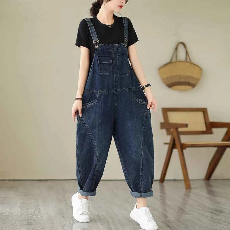 Women’s Cargo Denim Overalls – Patchwork Jumpsuit