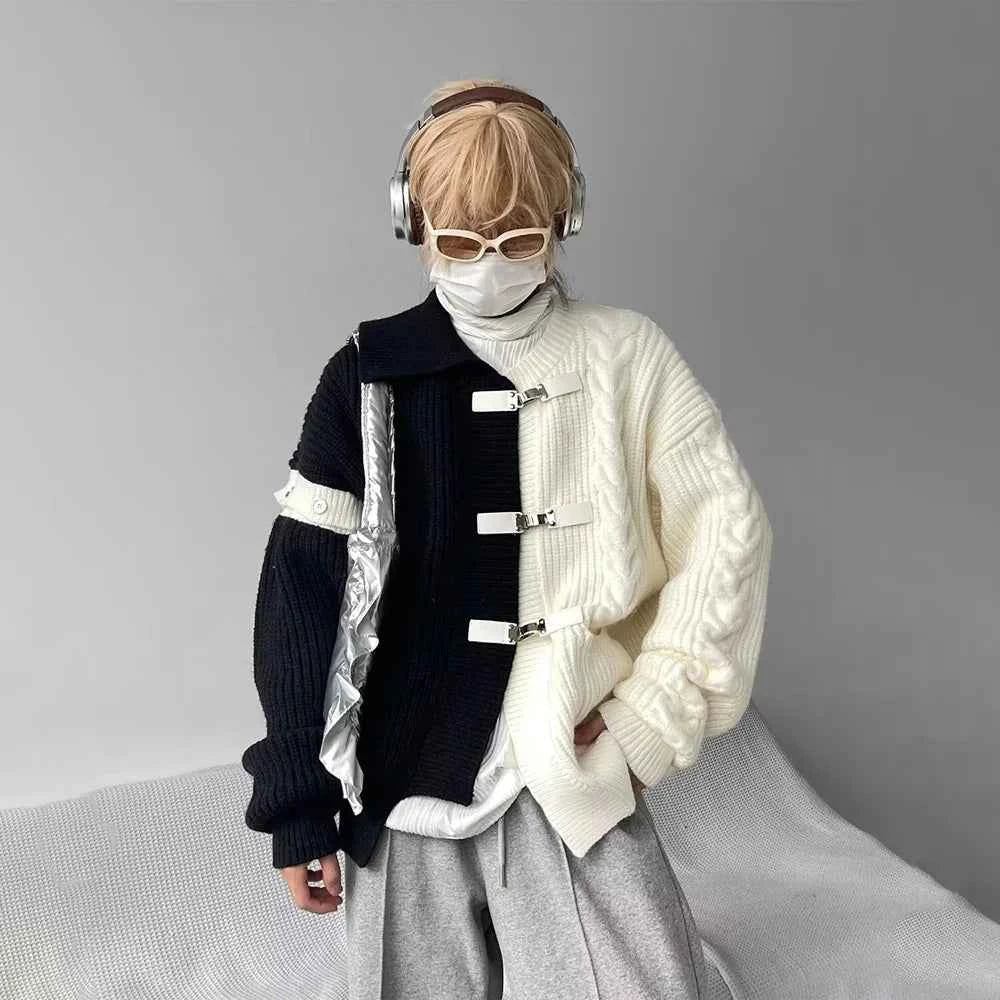 Y2K Men’s Spliced Knit Sweater – Casual Retro Pullover