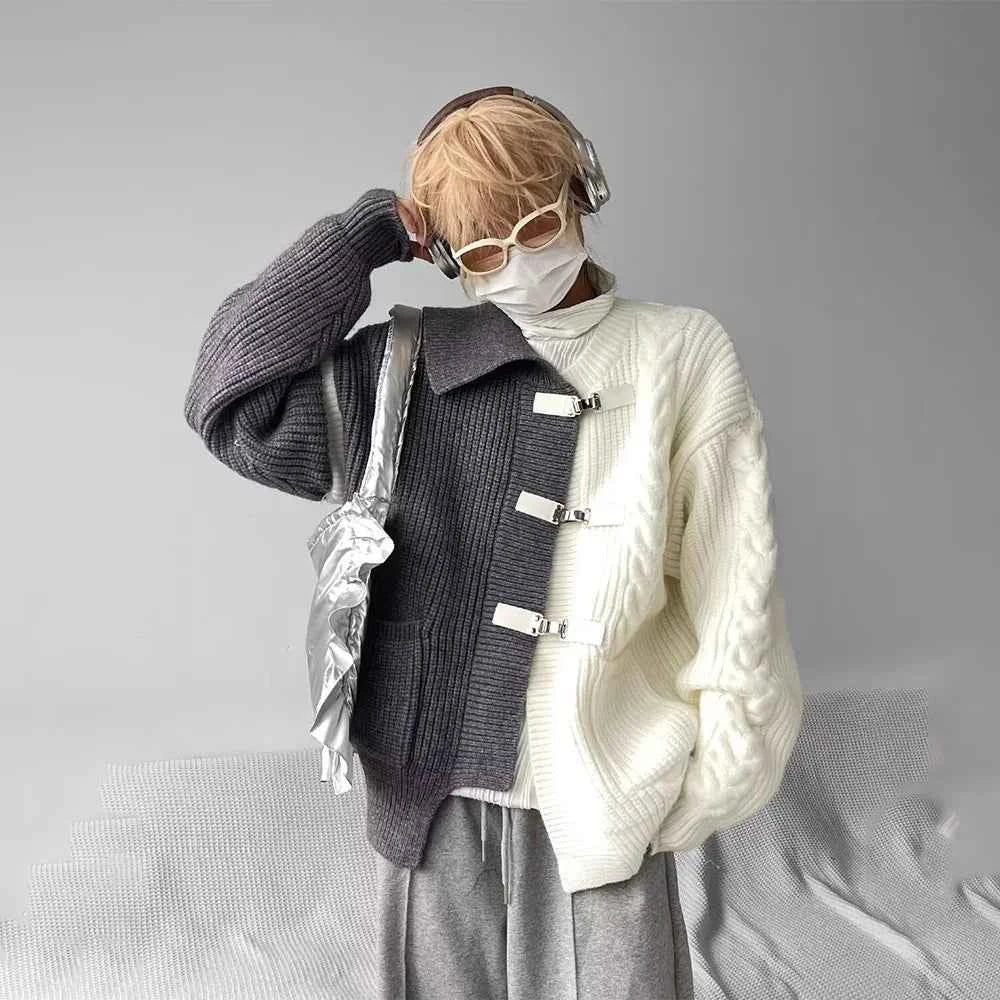 Y2K Men’s Spliced Knit Sweater – Casual Retro Pullover