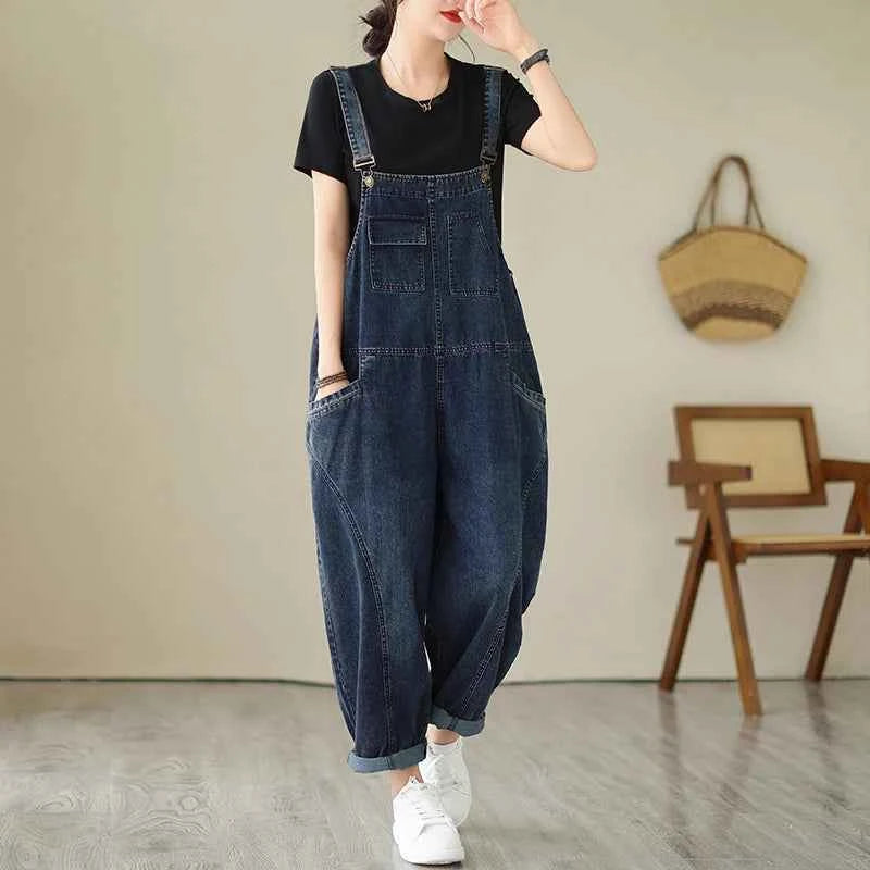 Women’s Cargo Denim Overalls – Patchwork Jumpsuit