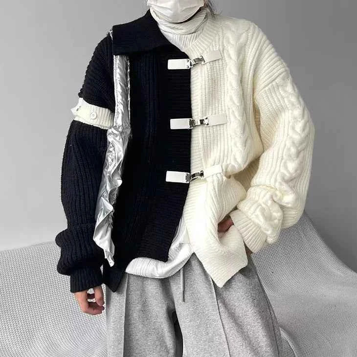 Y2K Men’s Spliced Knit Sweater – Casual Retro Pullover