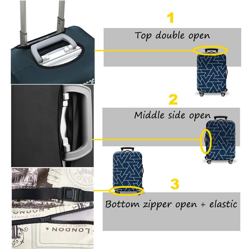 Luggage cover openings – top handle opening, side handle opening, bottom zip and elastic