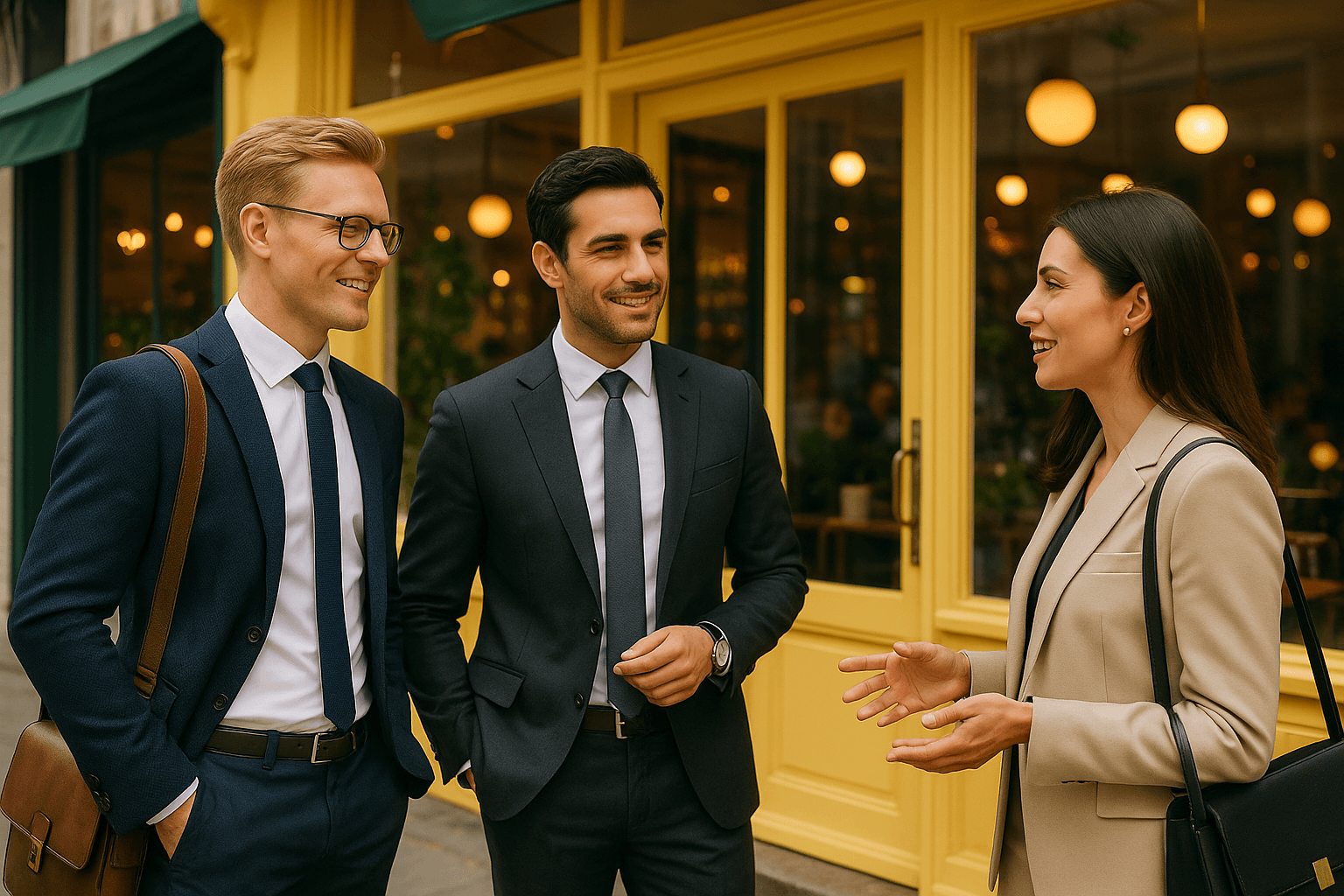 A blonde male and dark hair male talking to a lady outside a bright cafe all wearing smart clothes and accessories