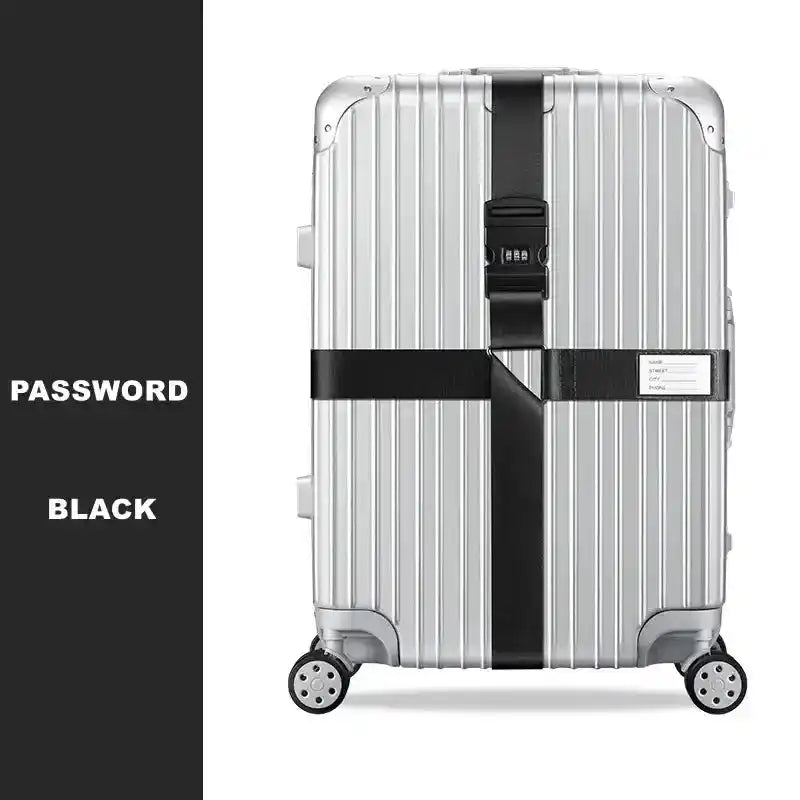Silver suitcase with black security straps on spacious PC luggage with five wheels for travel