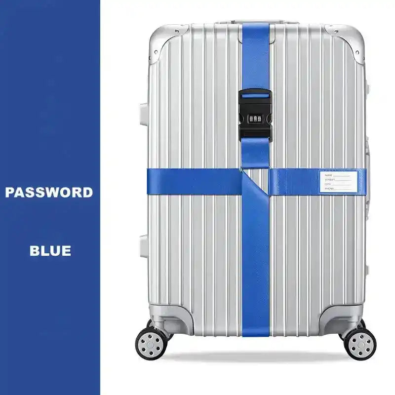 Silver suitcase with blue security straps for lifestyle travel and spacious PC luggage exposure