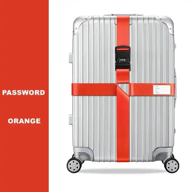 Silver suitcase with orange security strap on spacious PC luggage with five wheels for style