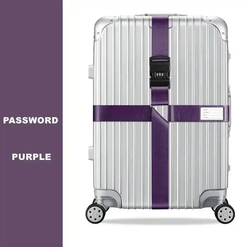 Silver suitcase with purple straps from Adjustable Anti-Theft Luggage Strap, perfect for lifestyle travel