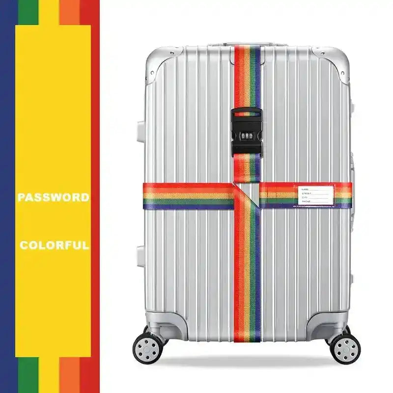 Silver suitcase with rainbow straps for lifestyle travel and spacious PC luggage with five wheels