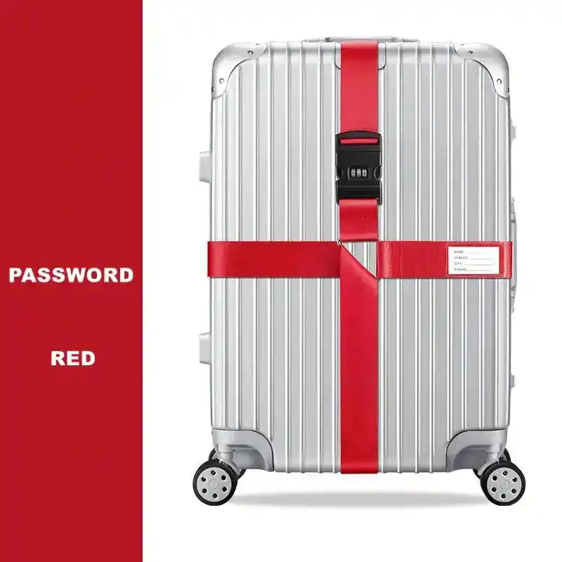 Silver suitcase with red security straps on spacious PC luggage for lifestyle travel and trading