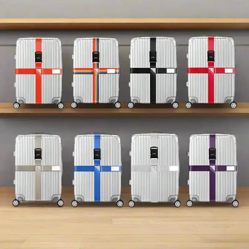 Silver suitcases with colorful straps on spacious PC luggage with five wheels for lifestyle travel trading