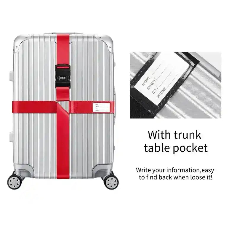 Silver suitcase with red straps on adjustable anti-theft luggage strap for lifestyle travel
