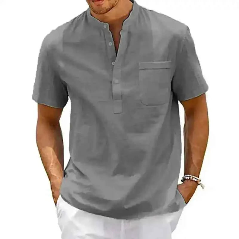 Men’s Cotton Linen Shirt – Henley Neck Short Sleeve Casual Top - Lifestyle Travel Trading