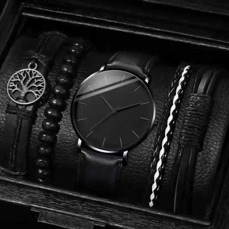 5PC Men Business Watch Set | Quartz Watch + 4 Leather Bracelets Dropified