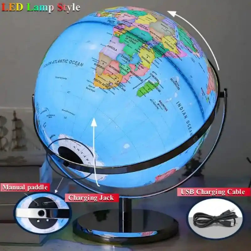 LED style 25 cm English World Globe with USB charging cable and manual paddle, featuring 360° rotation and HD print.