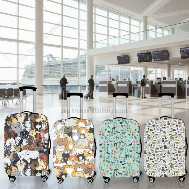 Set of four Cat & Dog Print Luggage Covers in airport setting, showcasing elastic anti-dust protectors in various colorful pet designs.