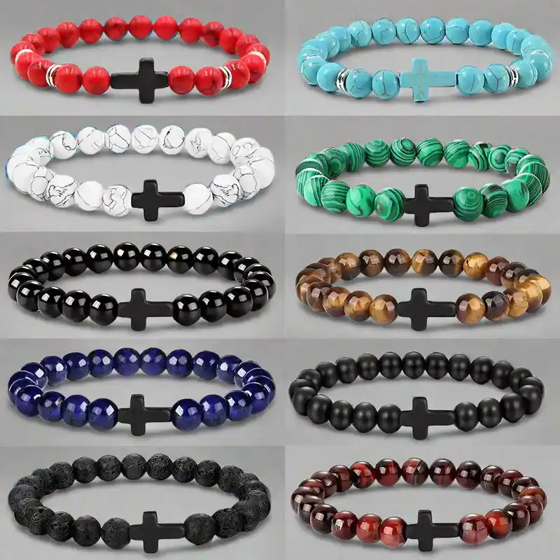 Bead Bracelet | Natural Stone Wood Prayer Rosary with Cross Charm Dropified