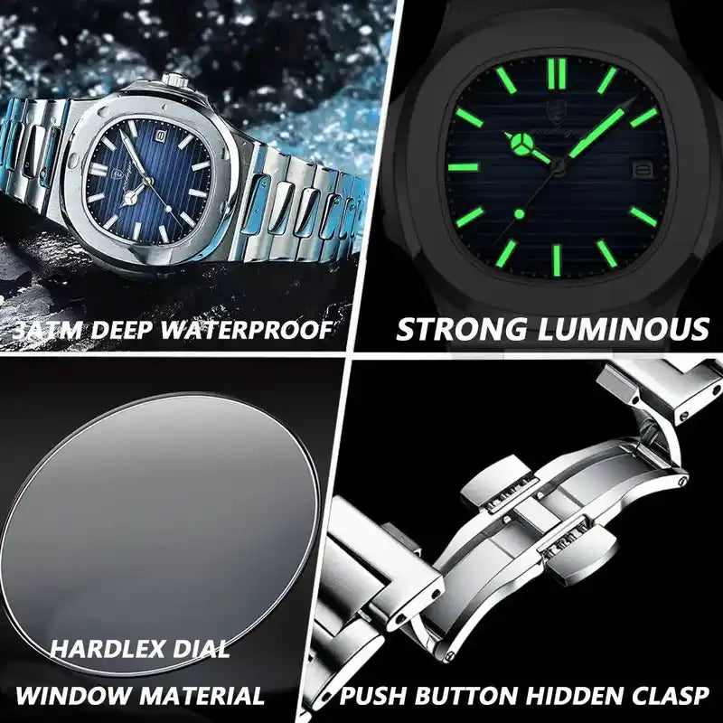 POEDAGAR Square Luxury Men Wristwatch Waterproof Luminous Date Stainless Steel Male Clock Business Sports Quartz Watches For Men Lifestyle Travel Trading