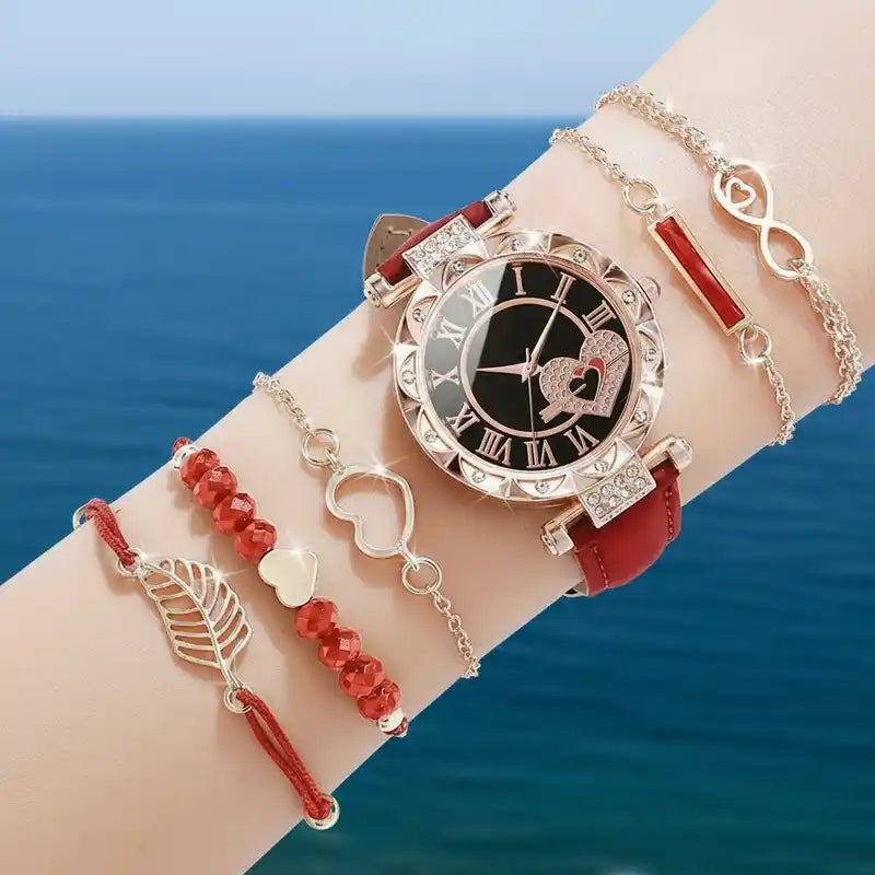 6PCS/Set Women's Watch Fashion Roma Heart Dial Leather Band Quartz Watches Leaf Bracelets Set(Without Box) Lifestyle Travel Trading