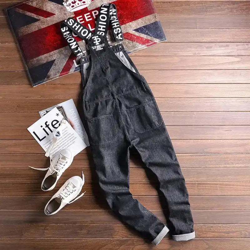Men Denim Overalls | Black Bib Dungarees with Cargo Pockets Dropified