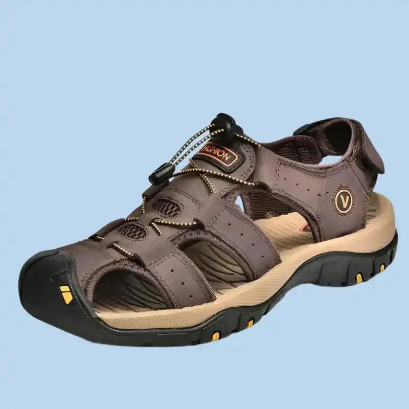 Brown leather outdoor sandal for travel accessories lifestyle and summer lifestyle travel