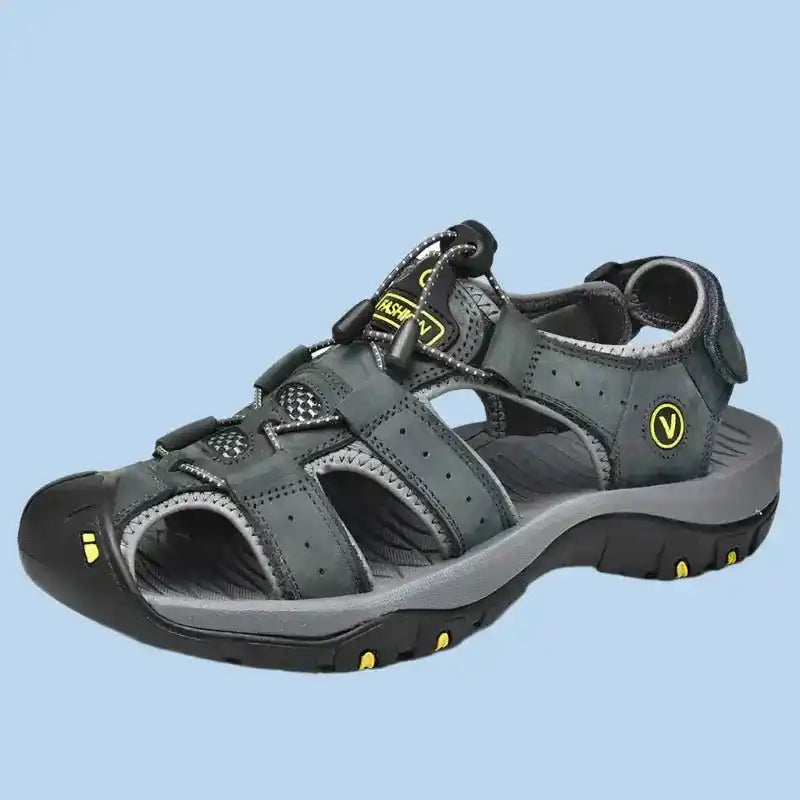 Gray and black men’s genuine leather sandals perfect for lifestyle travel and travel accessories lifestyle