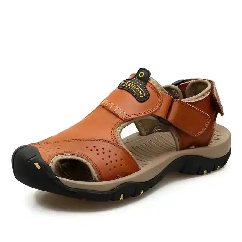 Brown genuine leather men’s summer sandal ideal for lifestyle travel and travel accessories