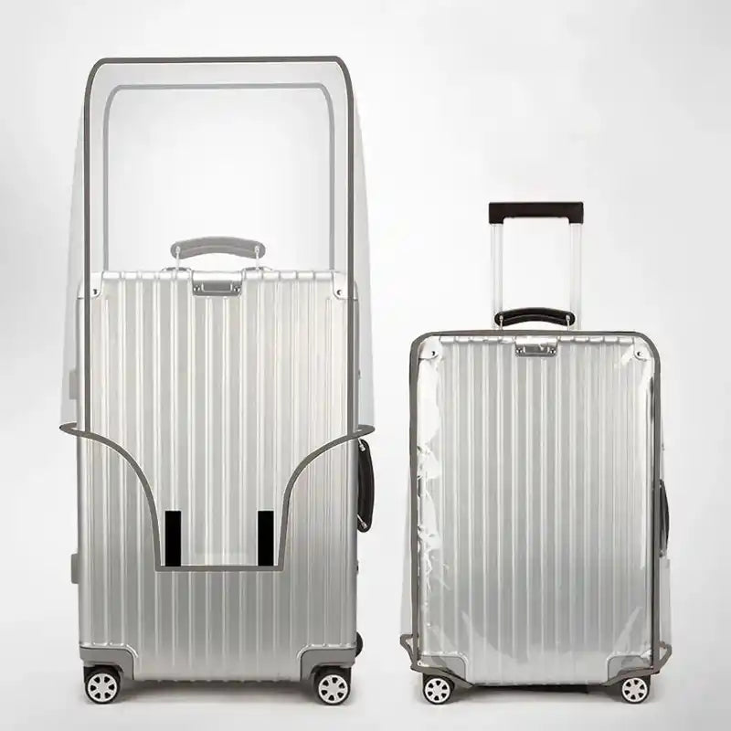 Waterproof PVC Transparent Luggage Cover shown on and off a silver suitcase, demonstrating full coverage and easy application for travel protection.
