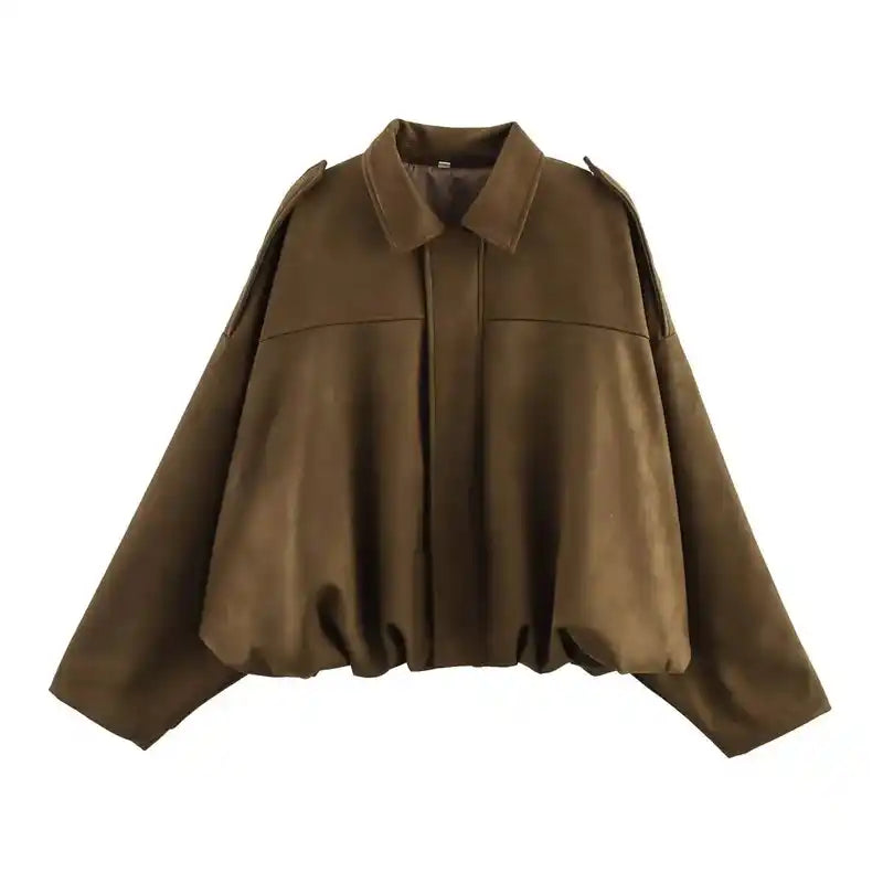 Khaki brown suede oversize women’s bomber jacket with zip front and wide sleeves, a neutral-toned coat for everyday wear.