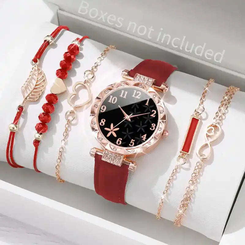 6PCS/Set Women's Watch Fashion Roma Heart Dial Leather Band Quartz Watches Leaf Bracelets Set(Without Box) Lifestyle Travel Trading