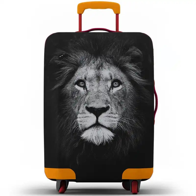 Thick elastic animal luggage protector with a realistic black-and-white lion face design, fits 18–32 inch suitcases with invisible zippers and buckle.