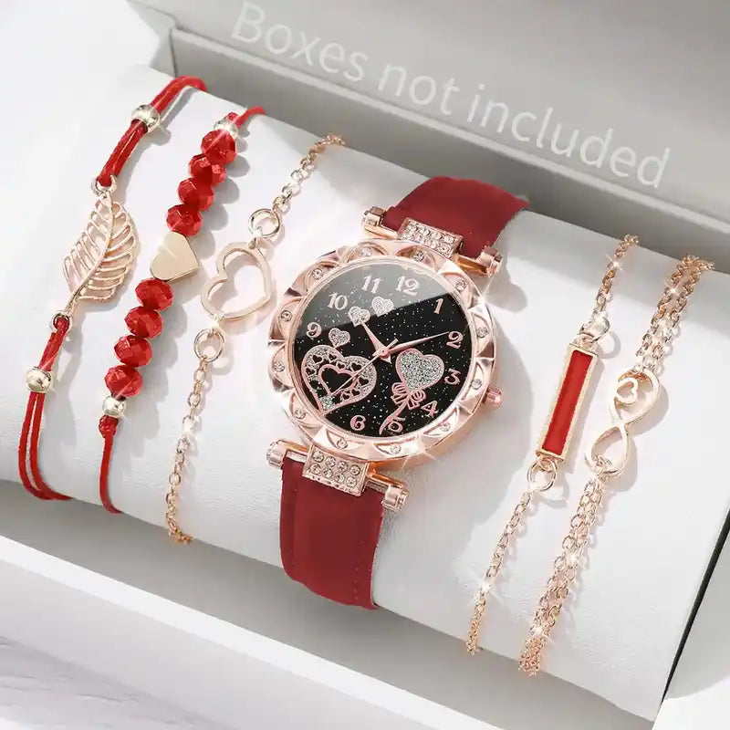 6PCS/Set Women's Watch Fashion Roma Heart Dial Leather Band Quartz Watches Leaf Bracelets Set(Without Box) Lifestyle Travel Trading