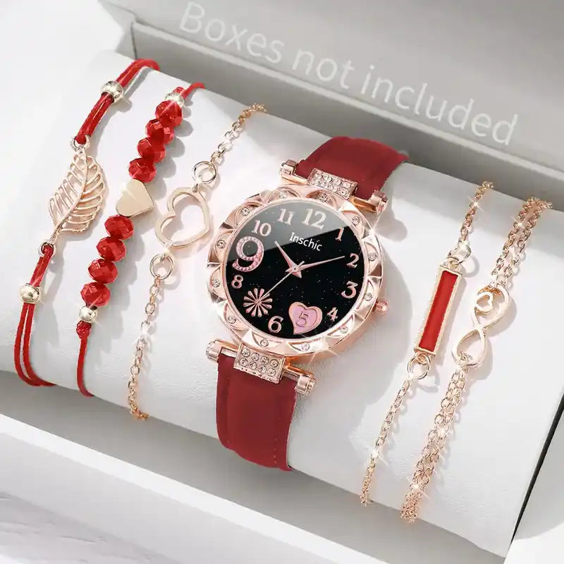 6PCS/Set Women's Watch Fashion Roma Heart Dial Leather Band Quartz Watches Leaf Bracelets Set(Without Box) Lifestyle Travel Trading