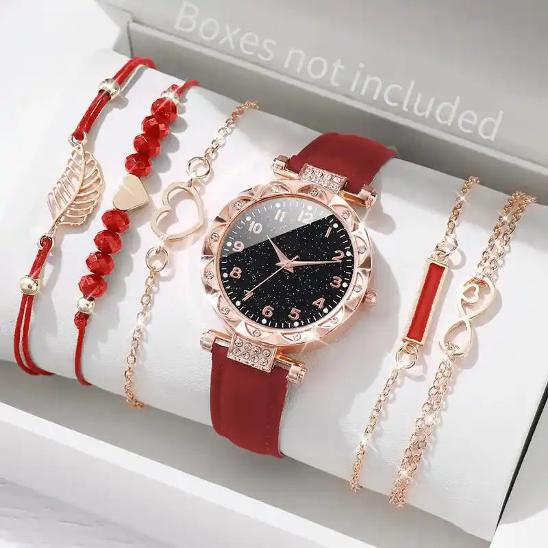 6PCS/Set Women's Watch Fashion Roma Heart Dial Leather Band Quartz Watches Leaf Bracelets Set(Without Box) Lifestyle Travel Trading