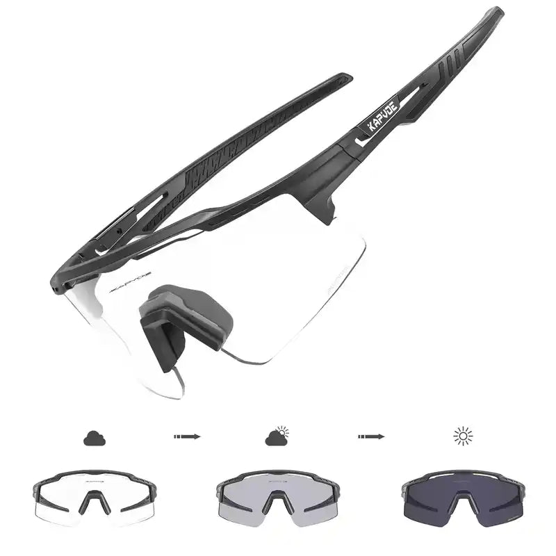 Black frame Photochromic Cycling Glasses for Stylish Protection with UV400 lenses, showing full transition from clear to dark tint.