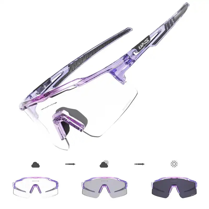Purple frame Photochromic Cycling Glasses for Stylish Protection with UV400 lenses, showing lens transition for outdoor cycling.