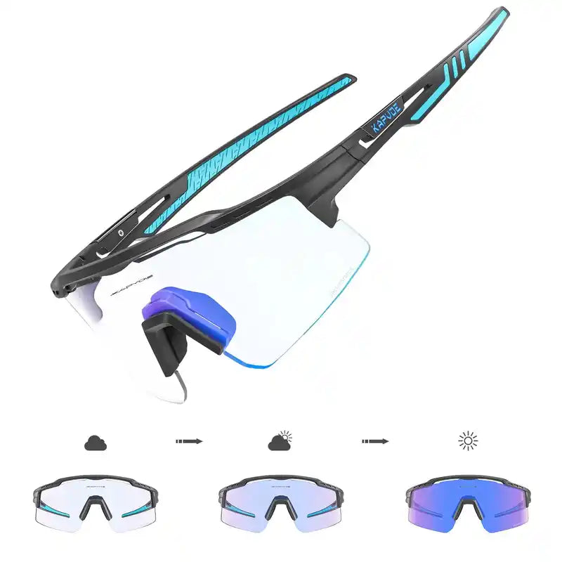 Black and blue Photochromic Cycling Glasses for Stylish Protection with UV400 lenses, ideal for cycling in changing light conditions.
