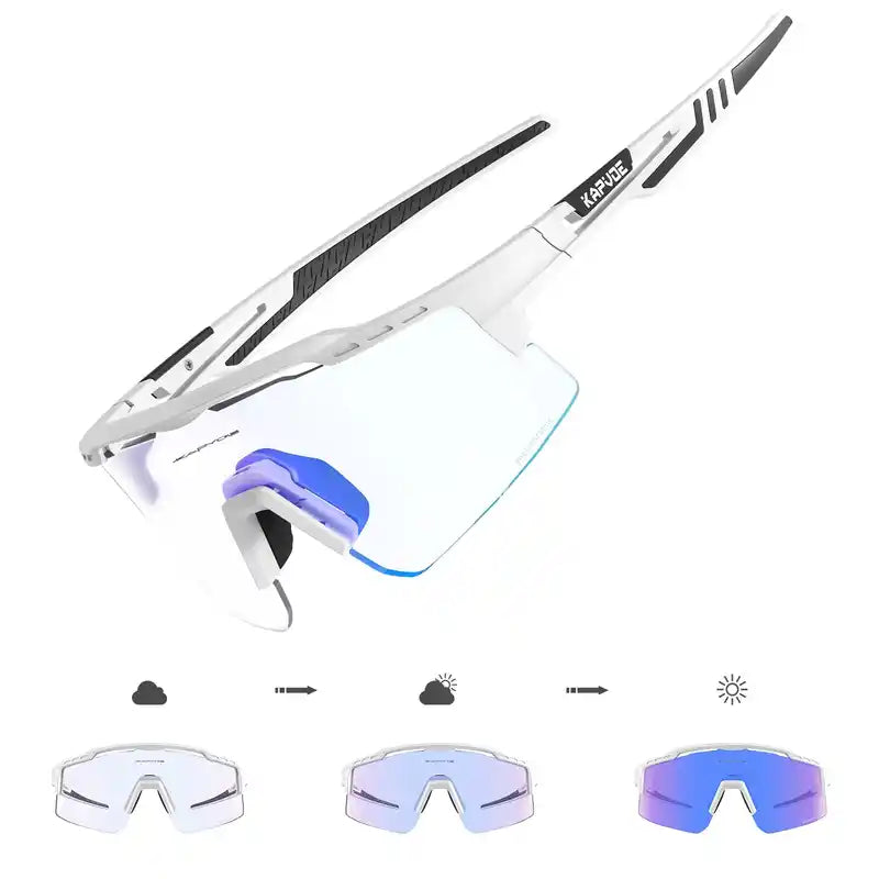 White and blue Photochromic Cycling Glasses for Stylish Protection with UV400 lenses, transitioning from clear to tinted under sunlight.