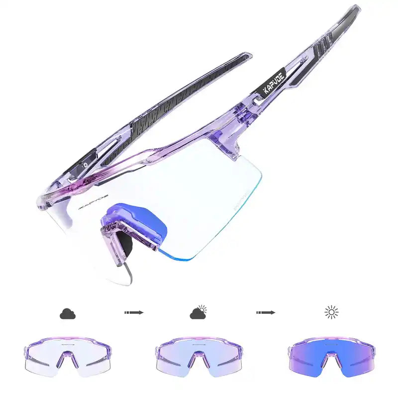 Purple and black Photochromic Cycling Glasses for Stylish Protection, showing lens transition stages for UV400 sun protection.