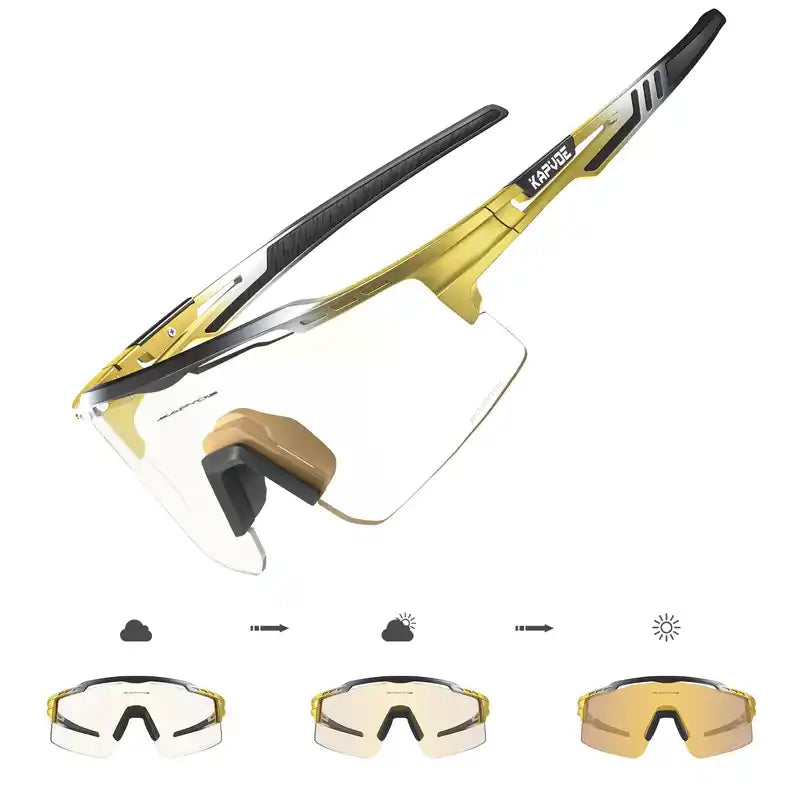 Gold and black Photochromic Cycling Glasses for Stylish Protection with UV400 lenses, ideal for stylish and safe cycling.