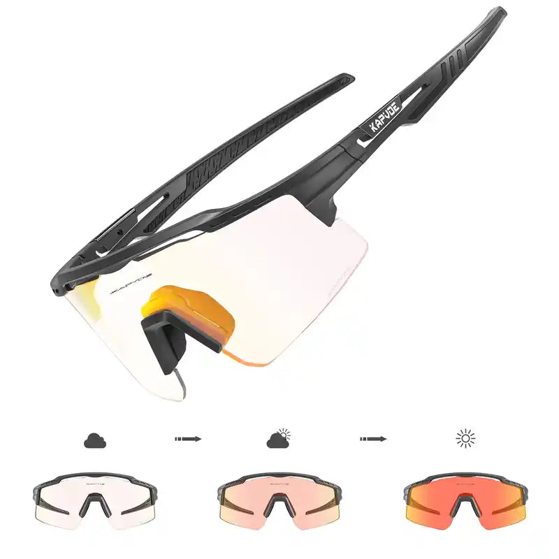 Black and orange Photochromic Cycling Glasses for Stylish Protection with UV400 lenses, transitioning from light to red tint.